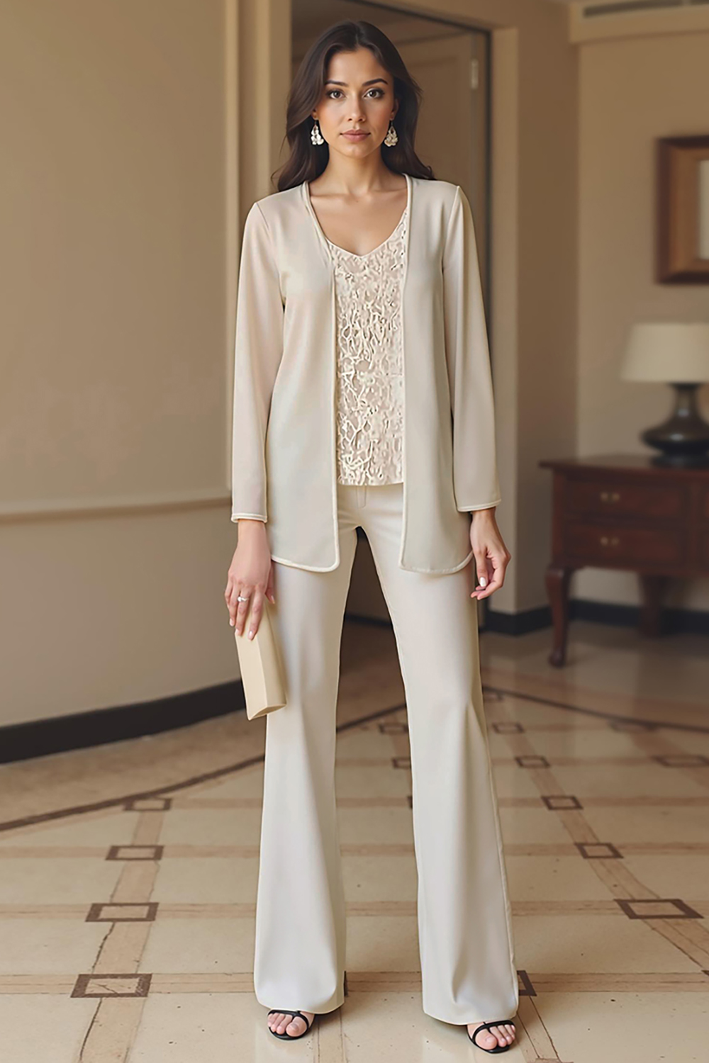 Apricot Chiffon V-Neck 3-Piece Mother of the Bride Pant Suits with Jacket