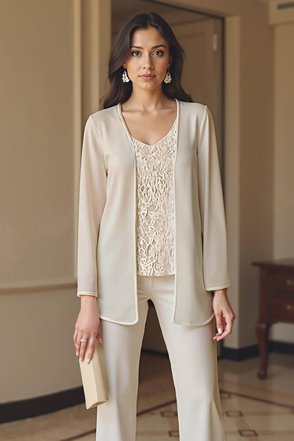 Apricot Chiffon V-Neck 3-Piece Mother of the Bride Pant Suits with Jacket