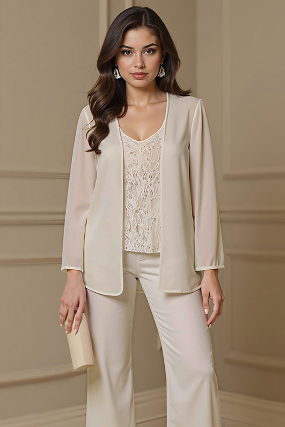 Apricot Chiffon V-Neck 3-Piece Mother of the Bride Pant Suits with Jacket