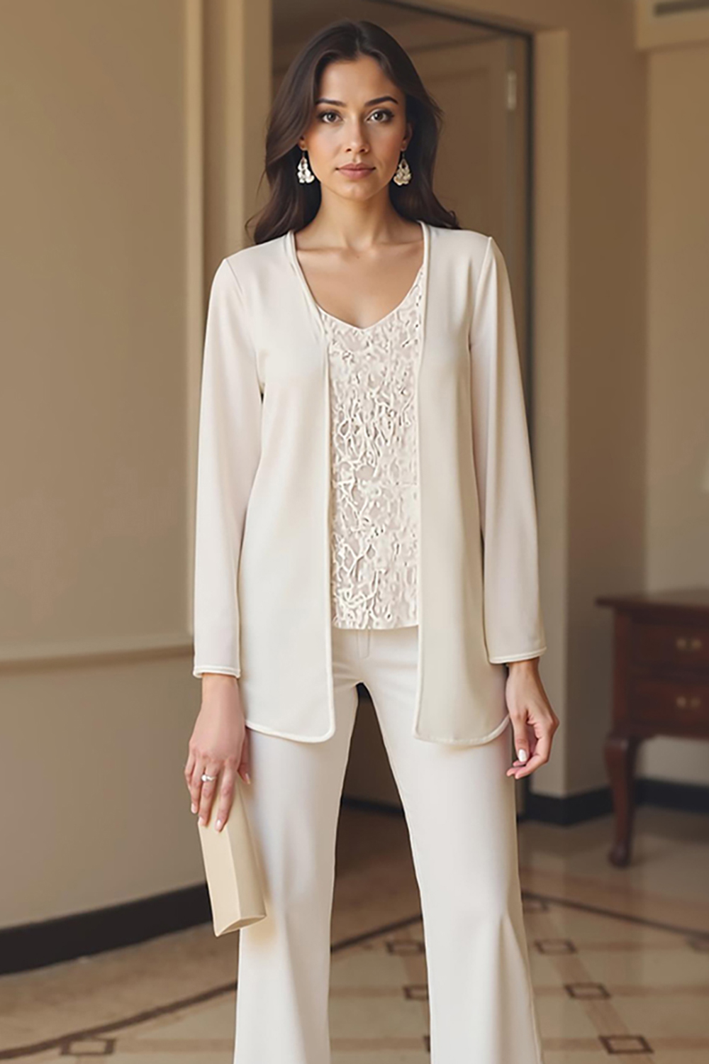 Apricot Chiffon V-Neck 3-Piece Mother of the Bride Pant Suits with Jacket