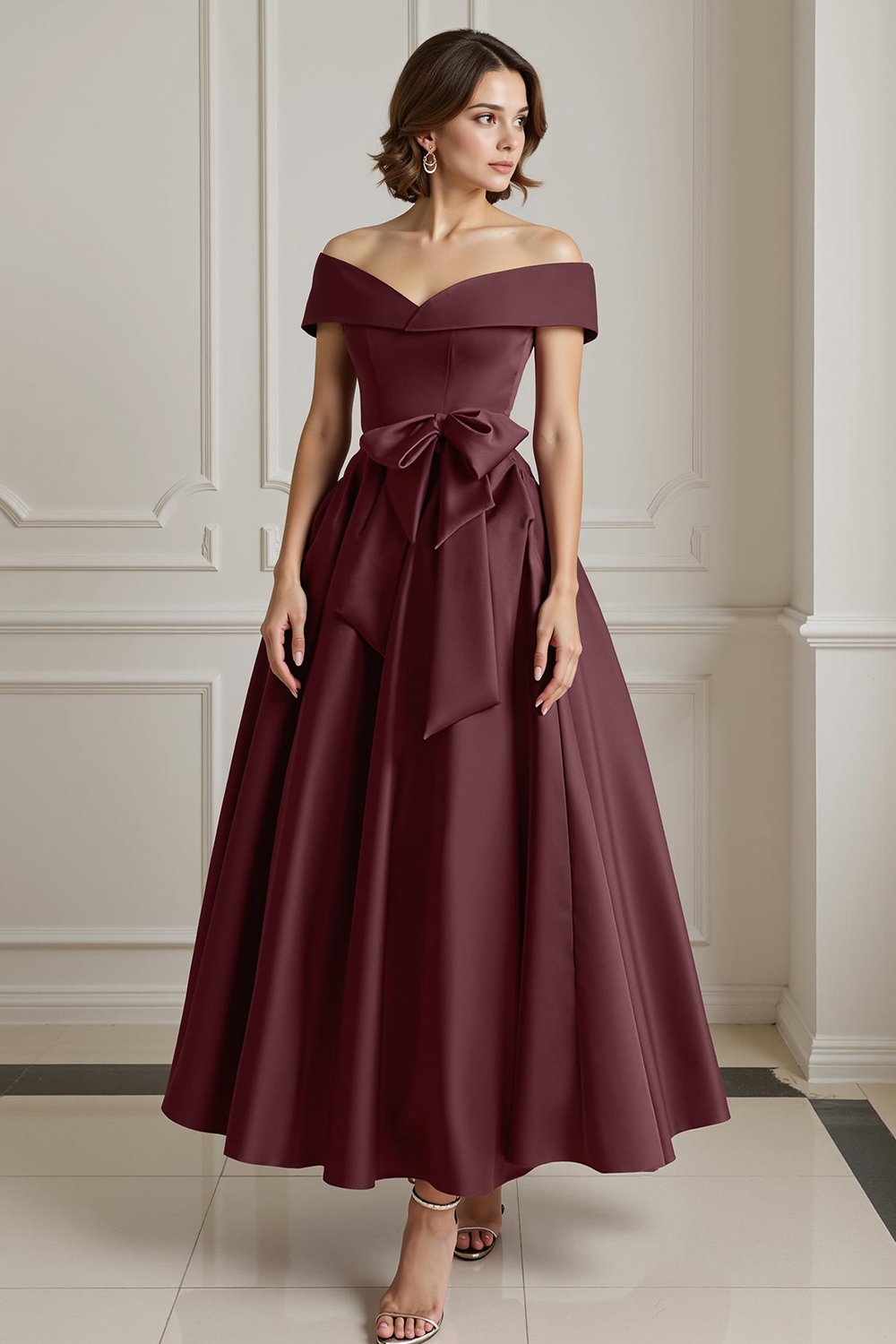 Burgundy Satin A-Line Ankle-Length Mother Of The Bride Dress with Bow