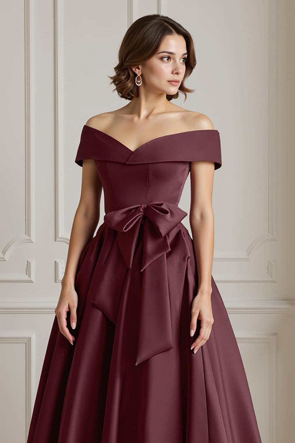 Burgundy Satin A-Line Ankle-Length Mother Of The Bride Dress with Bow