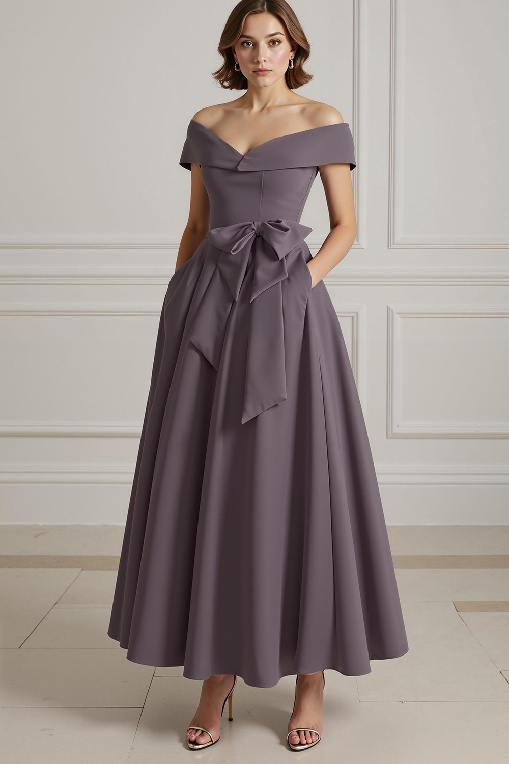 Burgundy Satin A-Line Ankle-Length Mother Of The Bride Dress with Bow