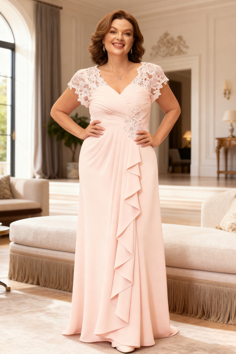 Light Pink Chiffon Floor-Length Plus Size Mother Of The Bride Dress with Lace