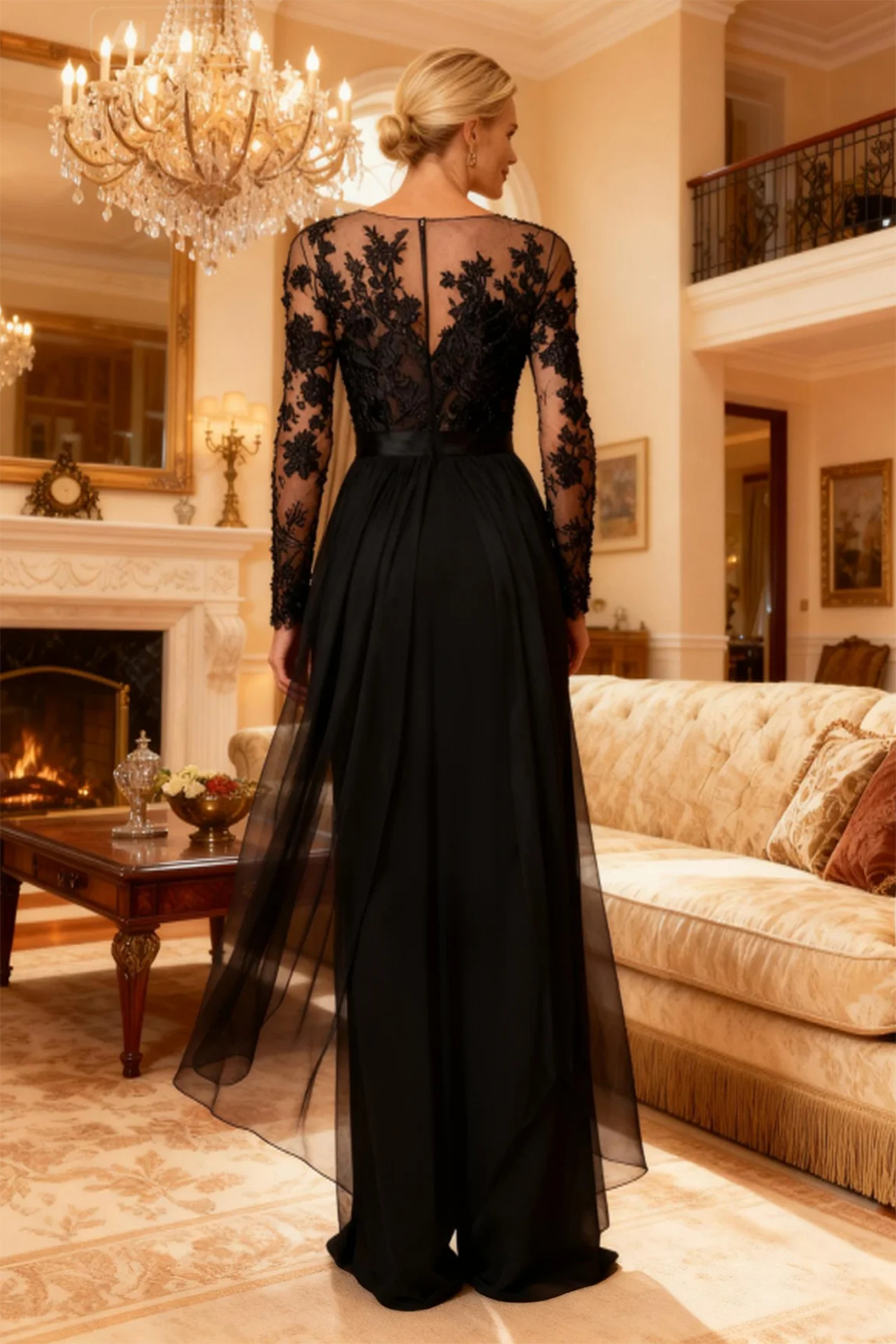 Black Chiffon Illusion Neck Floor-Length Mother Of The Bride Pant Suits with Side Cape