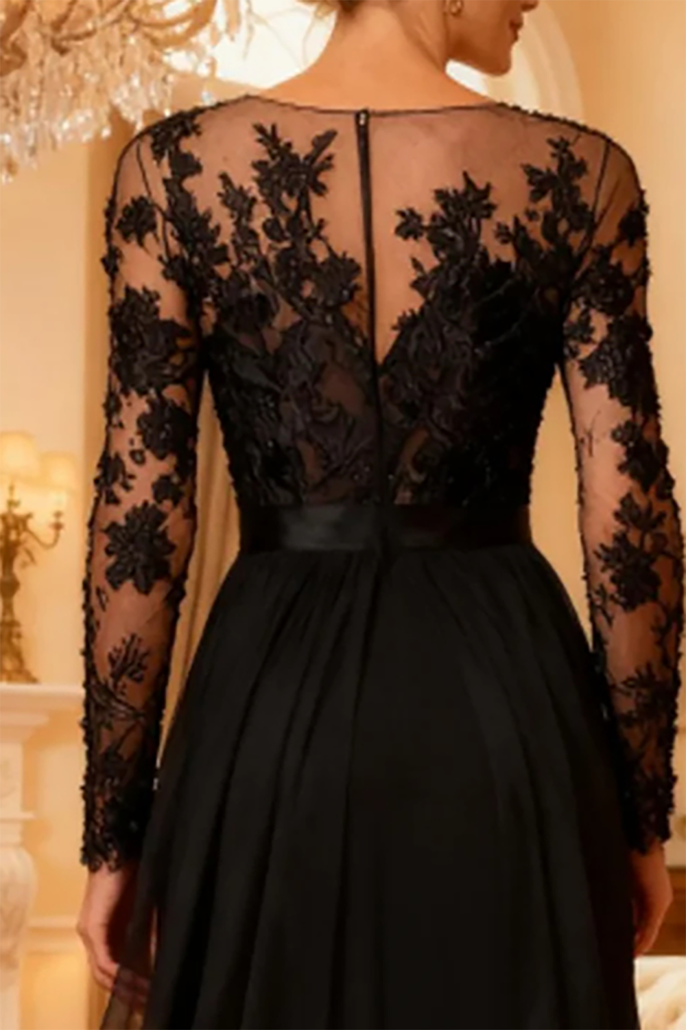 Black Chiffon Illusion Neck Floor-Length Mother Of The Bride Pant Suits with Side Cape