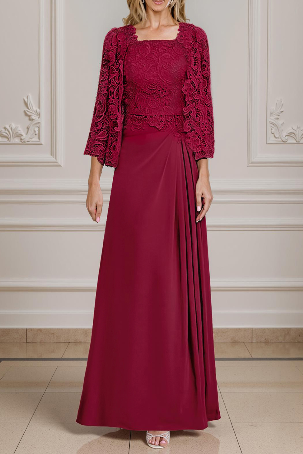 Peacock Green Satin Square Neck Floor-Length Mother Of The Bride Dress with Jacket