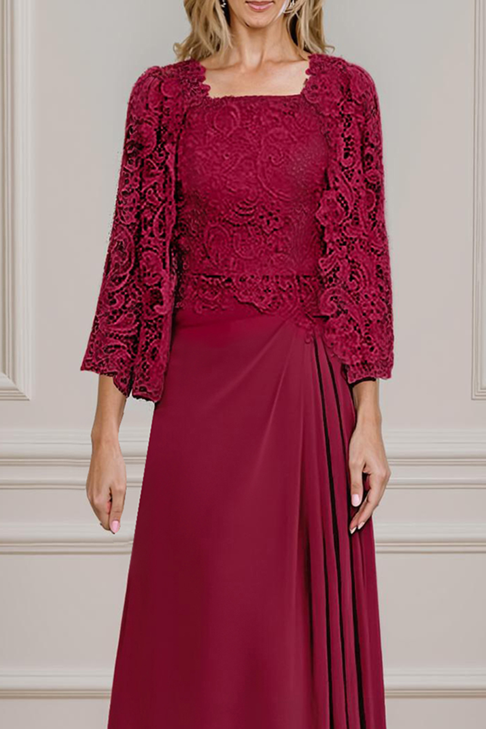 Peacock Green Satin Square Neck Floor-Length Mother Of The Bride Dress with Jacket