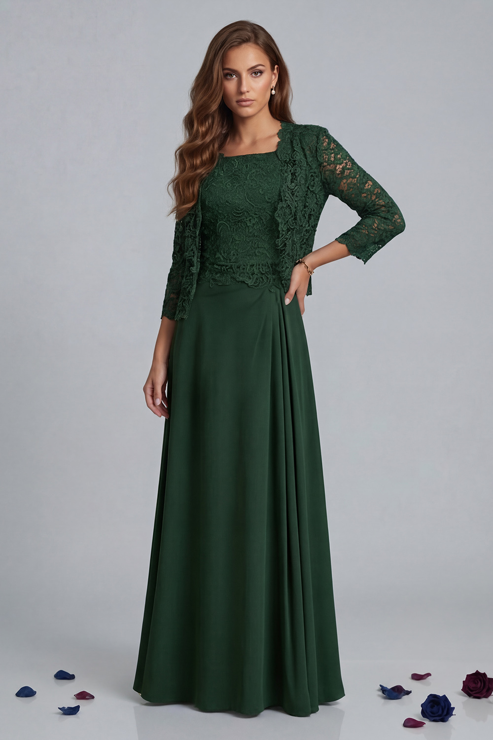 Green Sheath Chiffon Floor-Length 2-Piece Mother of the Bride Dress with Jacket
