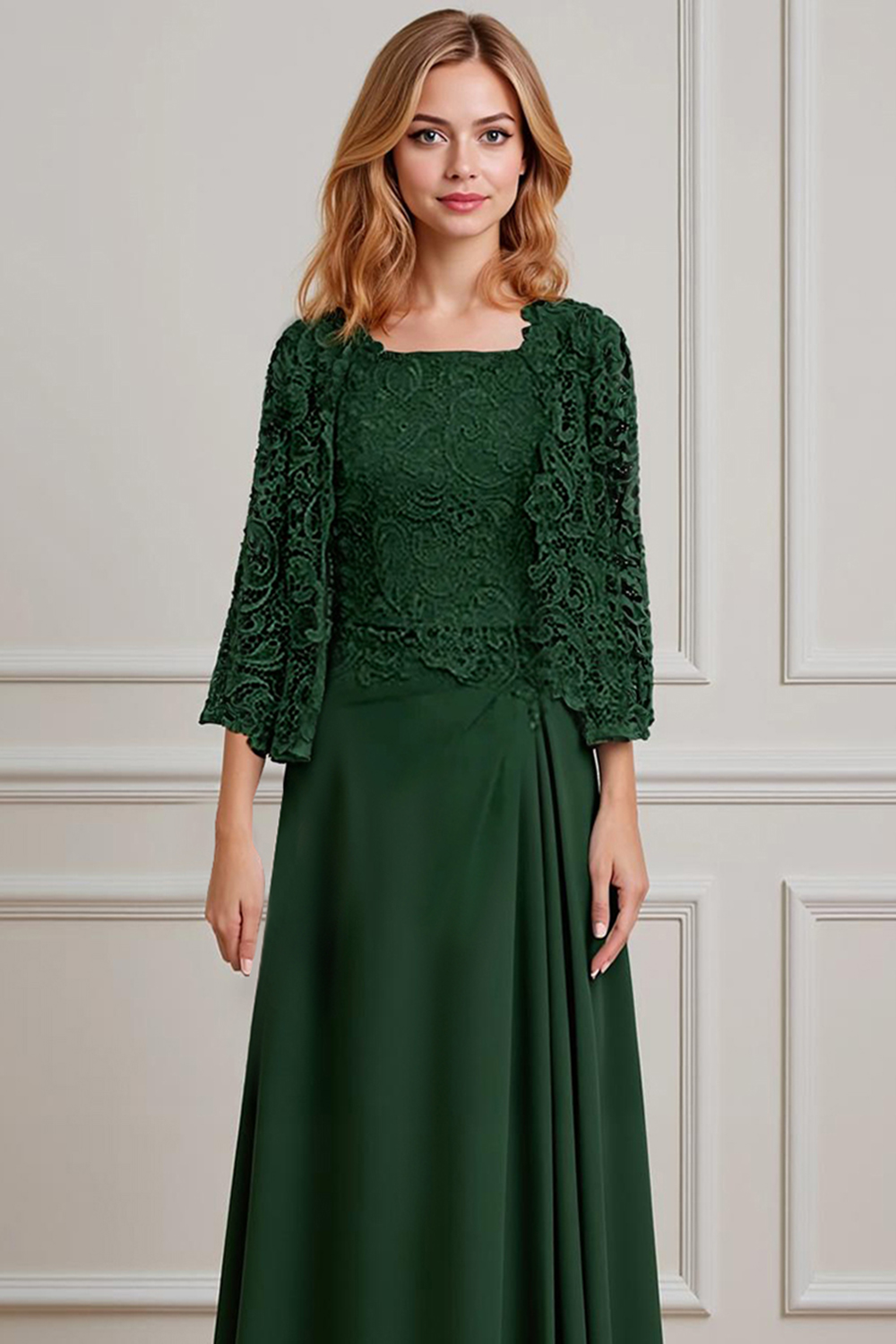 Green Sheath Chiffon Floor-Length 2-Piece Mother of the Bride Dress with Jacket
