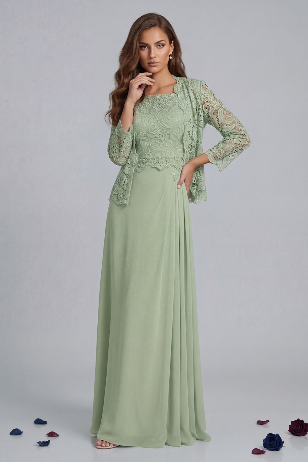 Green Sheath Chiffon Floor-Length 2-Piece Mother of the Bride Dress with Jacket