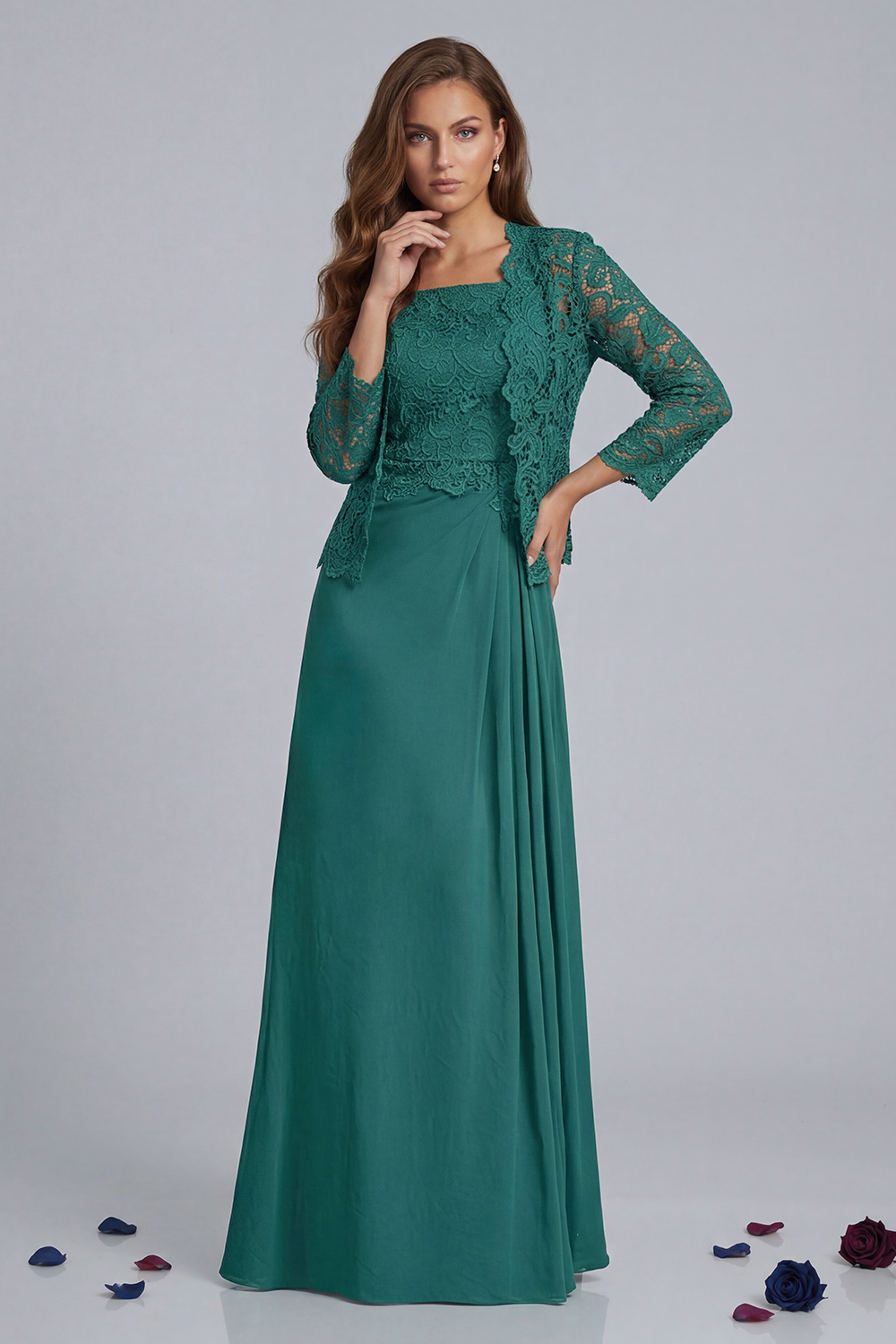 Green Sheath Chiffon Floor-Length 2-Piece Mother of the Bride Dress with Jacket