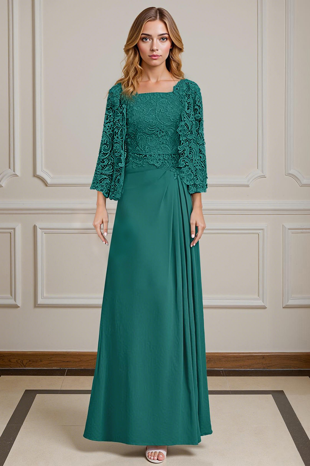 Peacock Green Sheath Chiffon Floor-Length 2-Piece Mother of the Bride Dress with Jacket