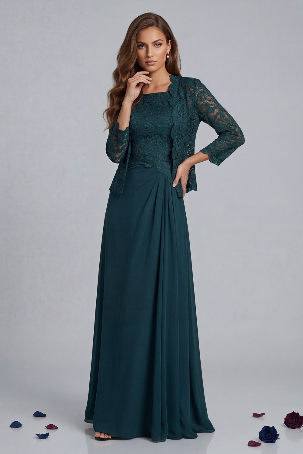 Green Sheath Chiffon Floor-Length 2-Piece Mother of the Bride Dress with Jacket