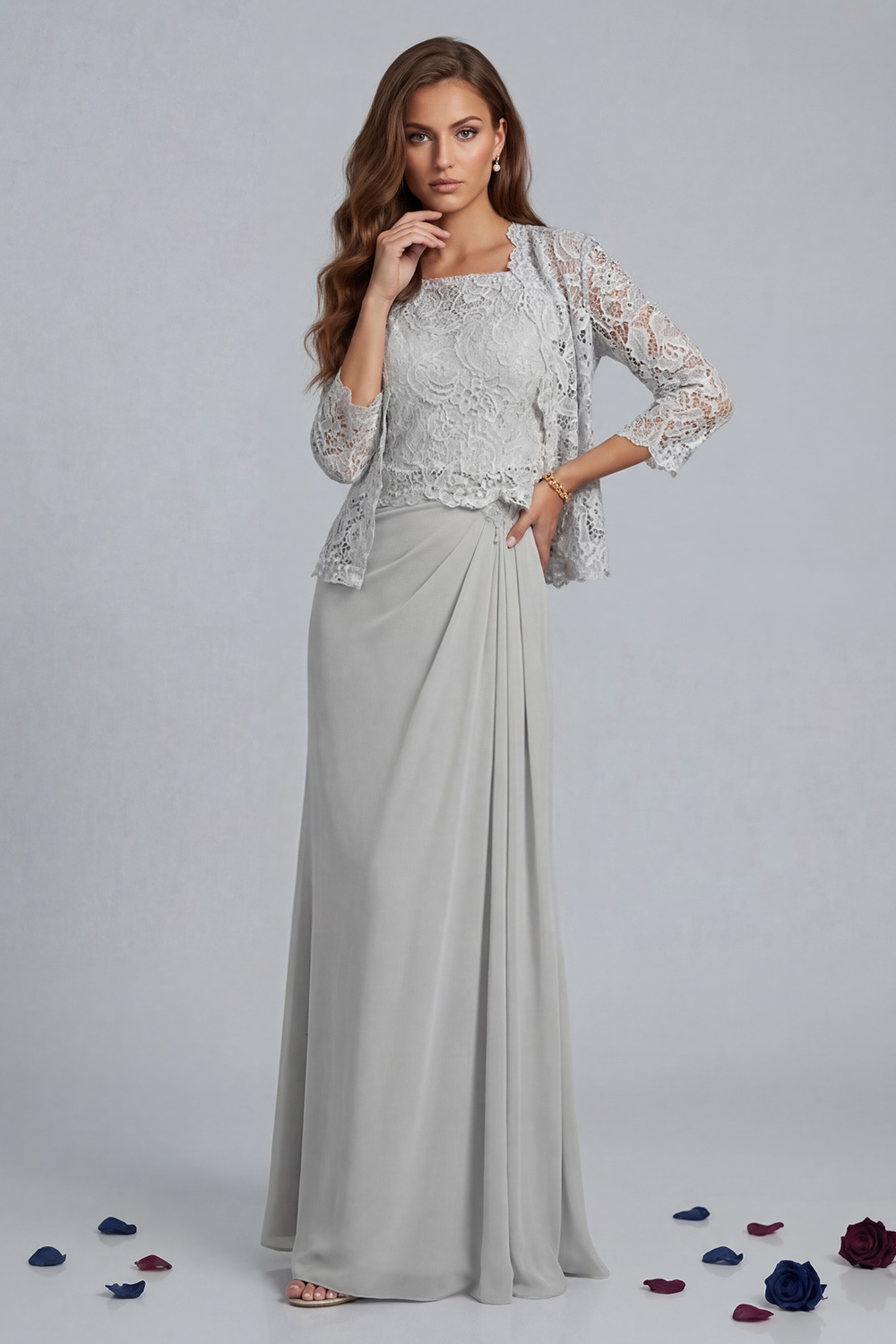 Green Sheath Chiffon Floor-Length 2-Piece Mother of the Bride Dress with Jacket