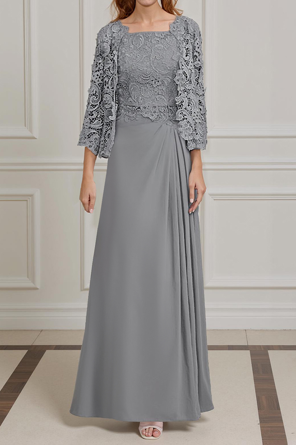 Green Sheath Chiffon Floor-Length 2-Piece Mother of the Bride Dress with Jacket