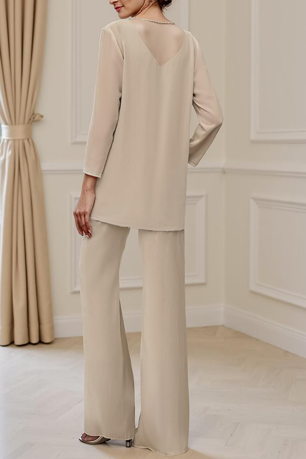 Sparkly Apricot Chiffon V-Neck 3-Piece Mother Of The Bride Pant Suits with Sequins