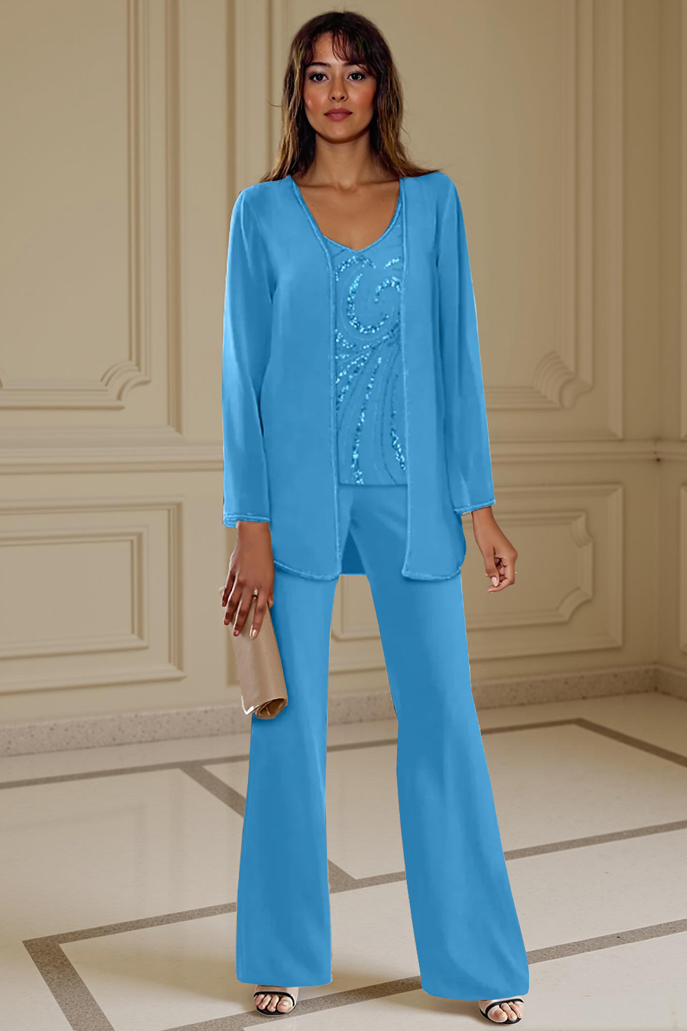Sparkly Apricot Chiffon V-Neck 3-Piece Mother Of The Bride Pant Suits with Beading
