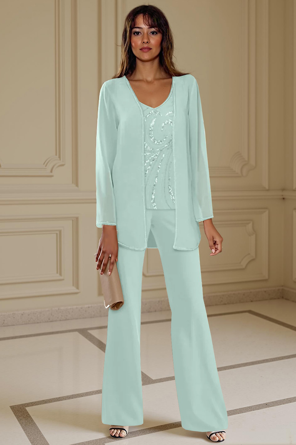 Sparkly Apricot Chiffon V-Neck 3-Piece Mother Of The Bride Pant Suits with Beading