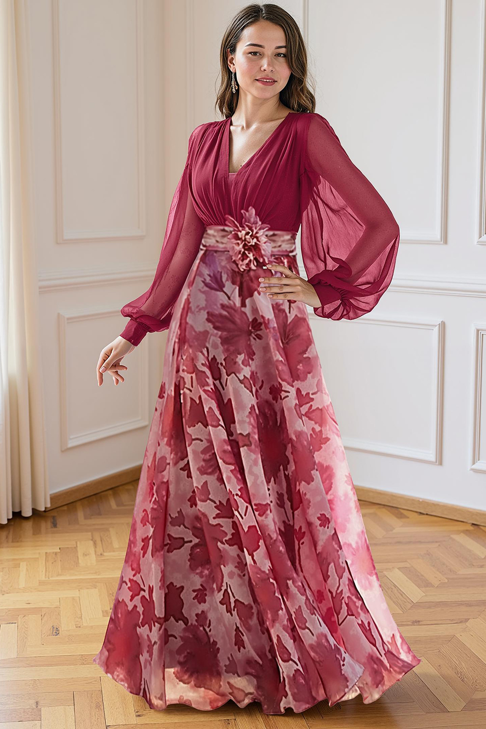 Navy Flower Chiffon A-Line Floor-Length Plus Size Mother Of The Bride Dress with Sleeves