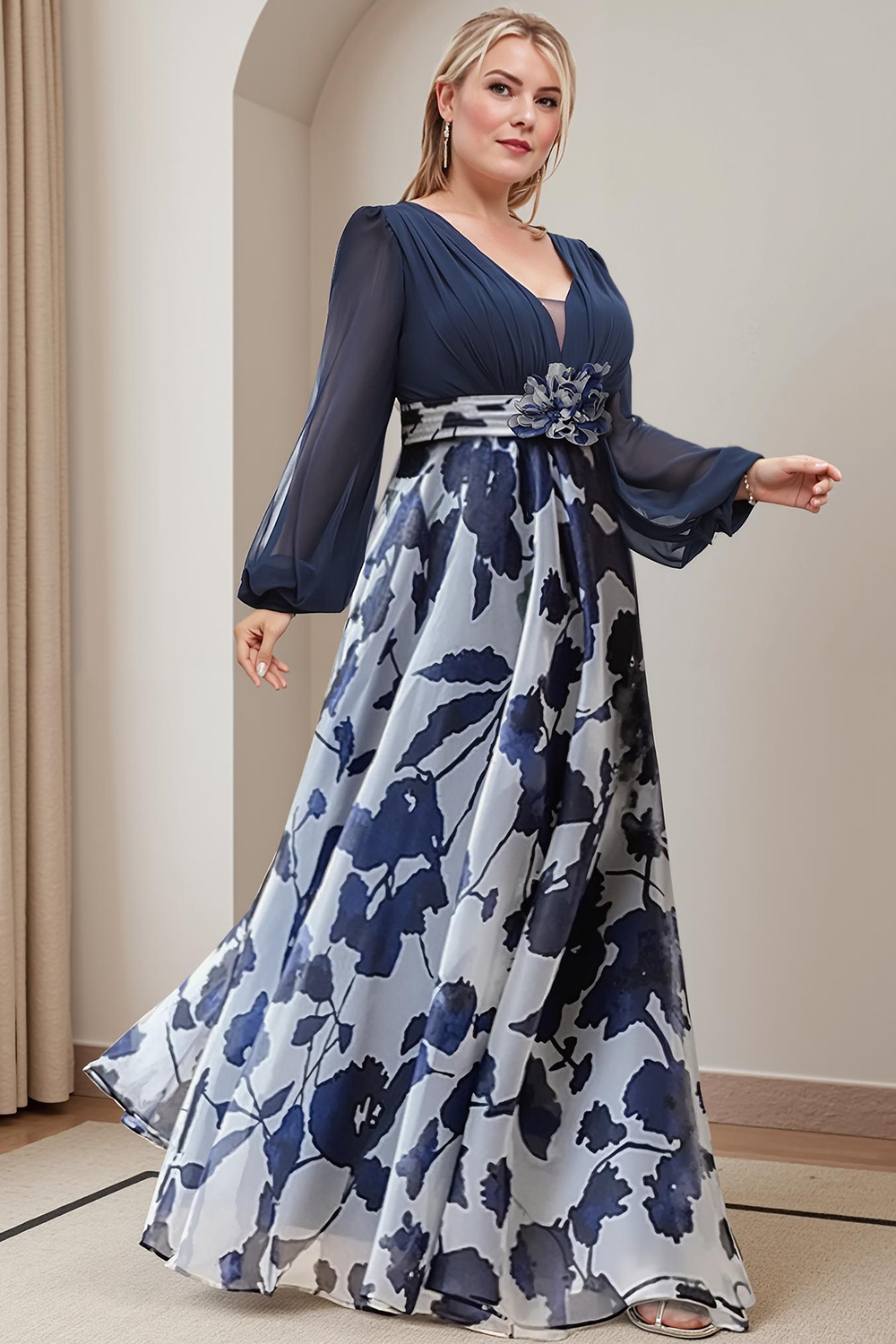 Navy Flower Chiffon A-Line Floor-Length Plus Size Mother Of The Bride Dress with Sleeves