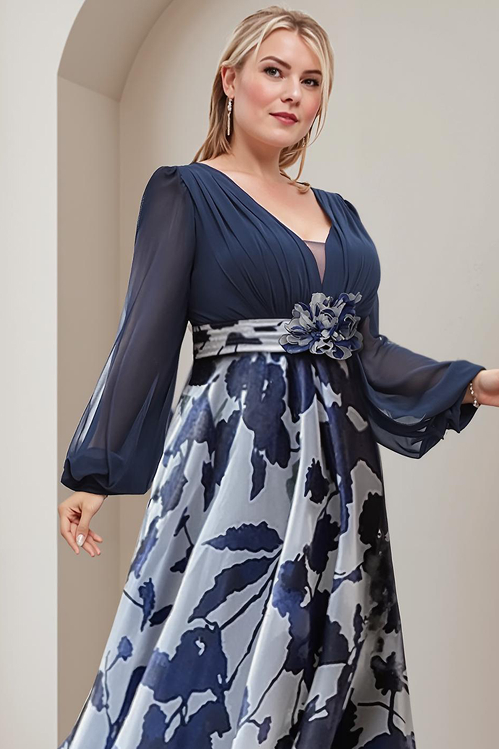 Navy Flower Chiffon A-Line Floor-Length Plus Size Mother Of The Bride Dress with Sleeves