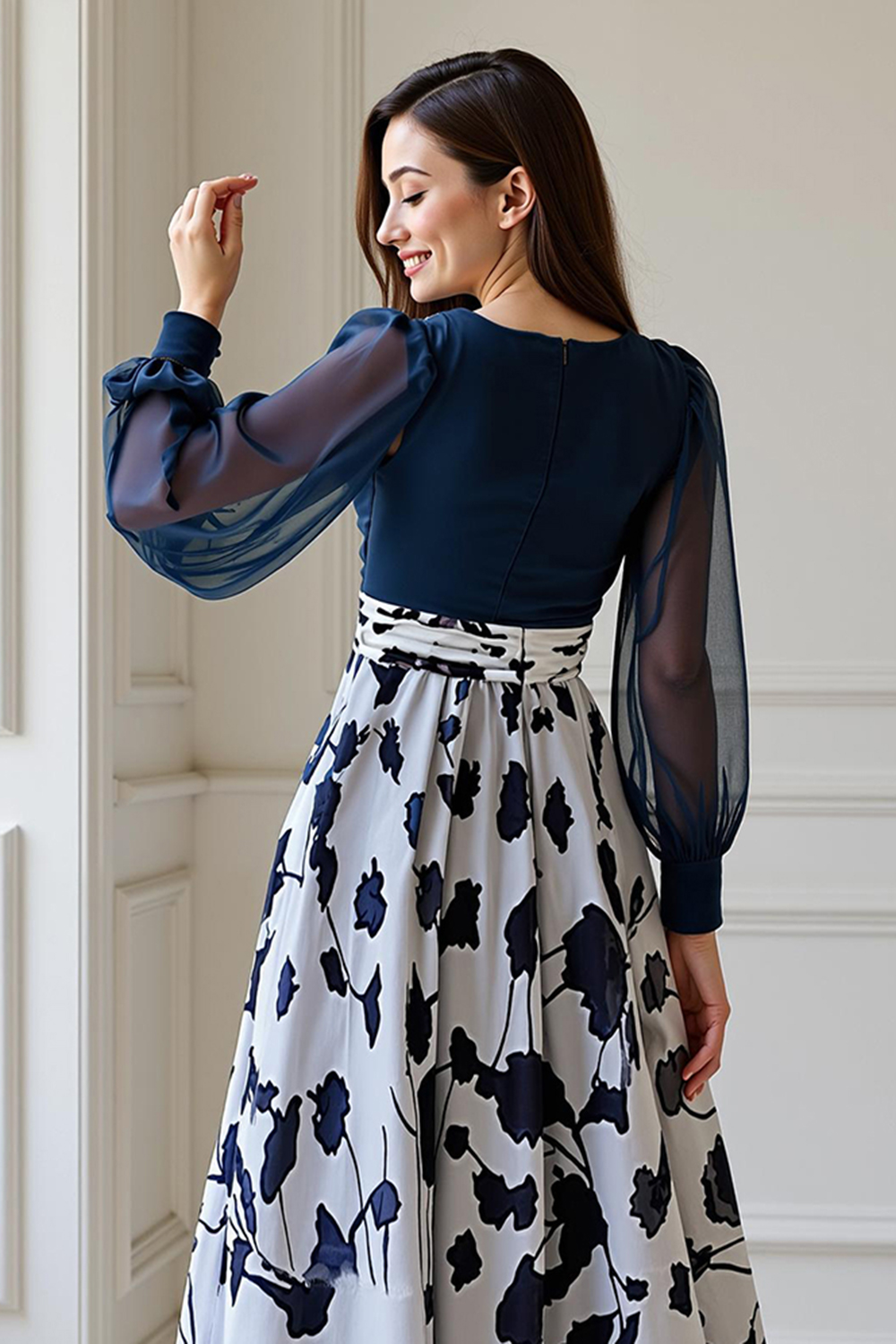 Navy Flower Chiffon A-Line Floor-Length Plus Size Mother Of The Bride Dress with Sleeves