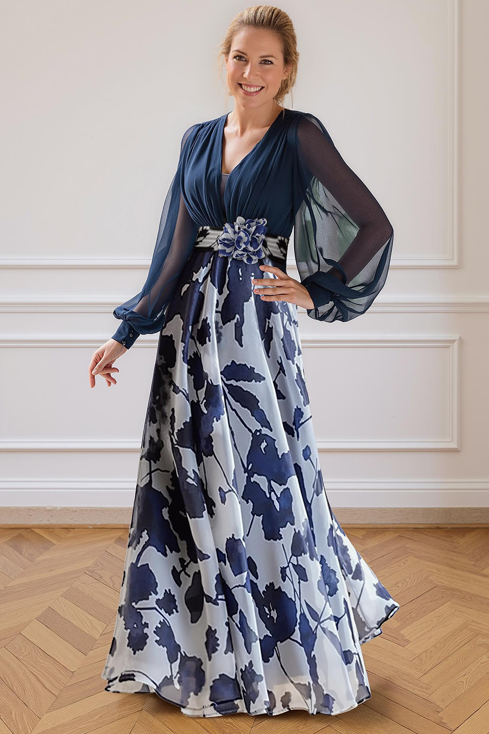 Navy Flower Chiffon A-Line Floor-Length Plus Size Mother Of The Bride Dress with Sleeves