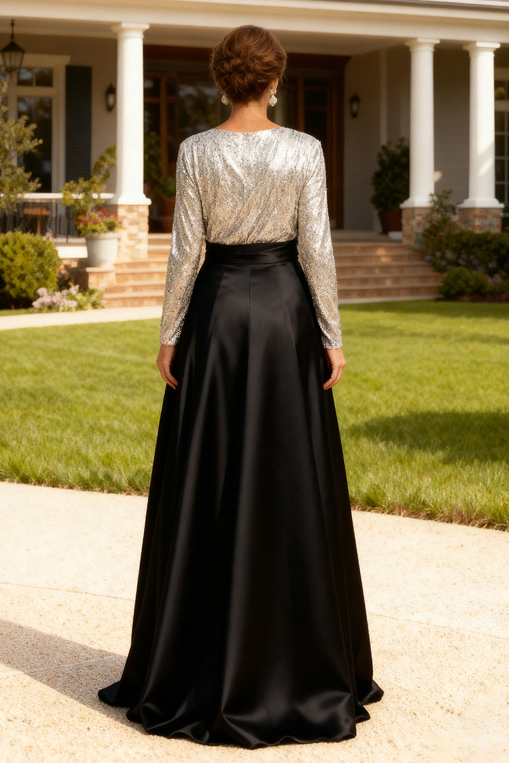 Sparkly Silver and Black Satin Floor-Length Mother Of The Bride Dress with Bow