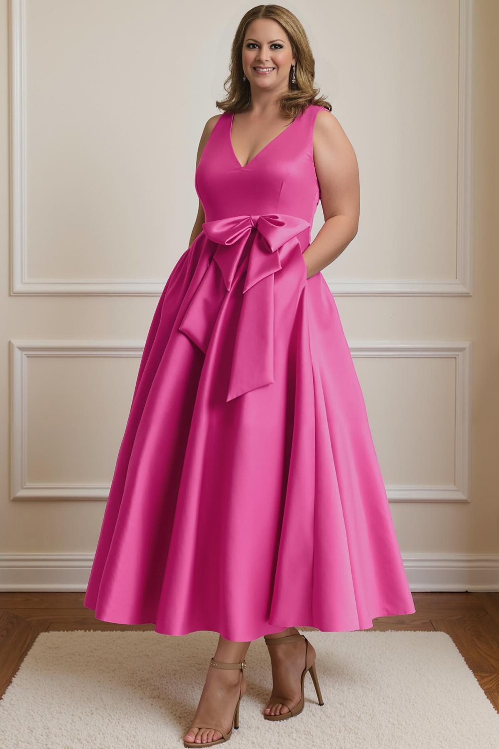 Fuchsia Satin A-Line Ankle-Length Plus Size Mother Of The Bride Dress with Pockets