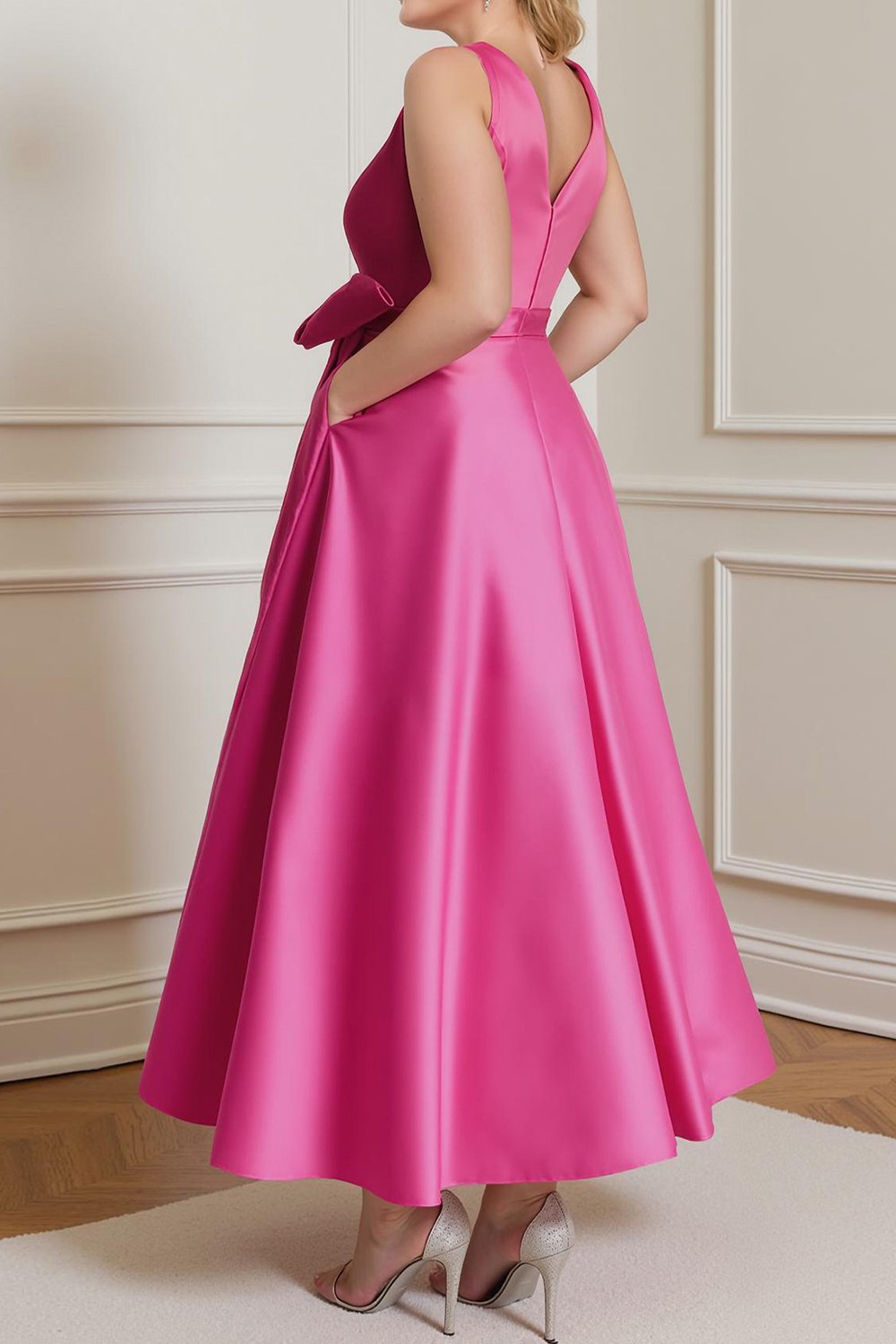 Fuchsia Satin A-Line Ankle-Length Plus Size Mother Of The Bride Dress with Pockets