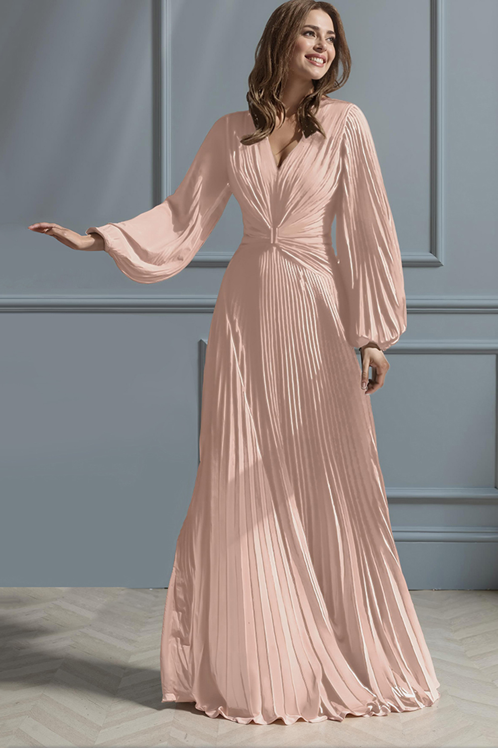 Blush Pink Chiffon V-Neck Pleated Floor-Length Mother of the Bride Dress with Sleeves