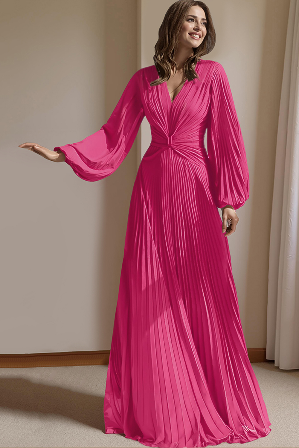 Blush Pink Chiffon V-Neck Pleated Floor-Length Mother of the Bride Dress with Sleeves