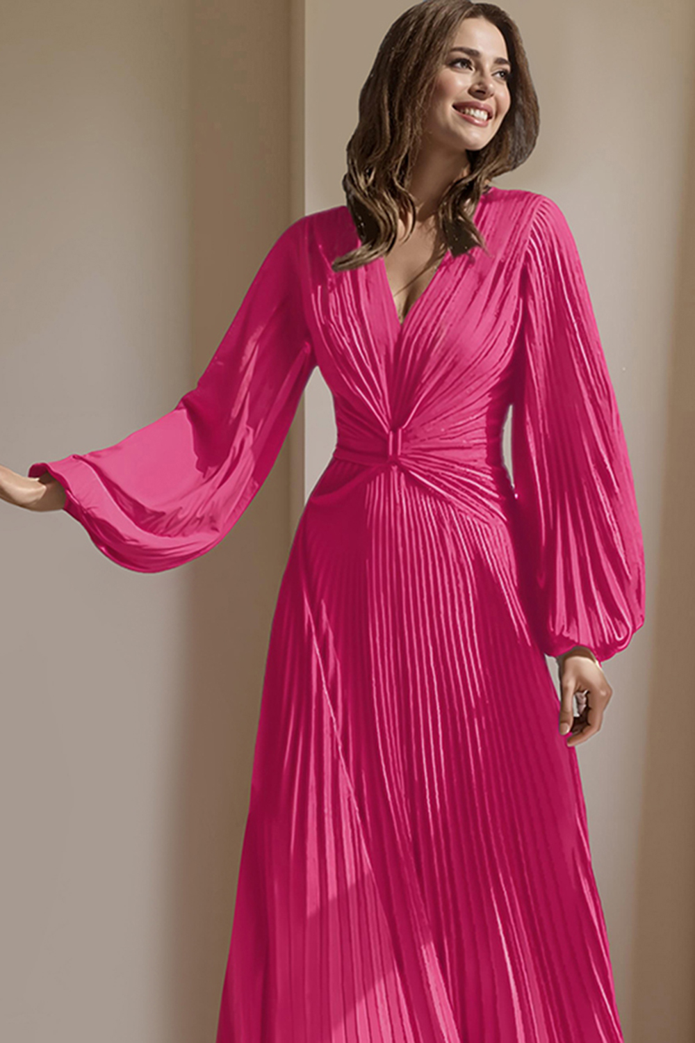 Blush Pink Chiffon V-Neck Pleated Floor-Length Mother of the Bride Dress with Sleeves
