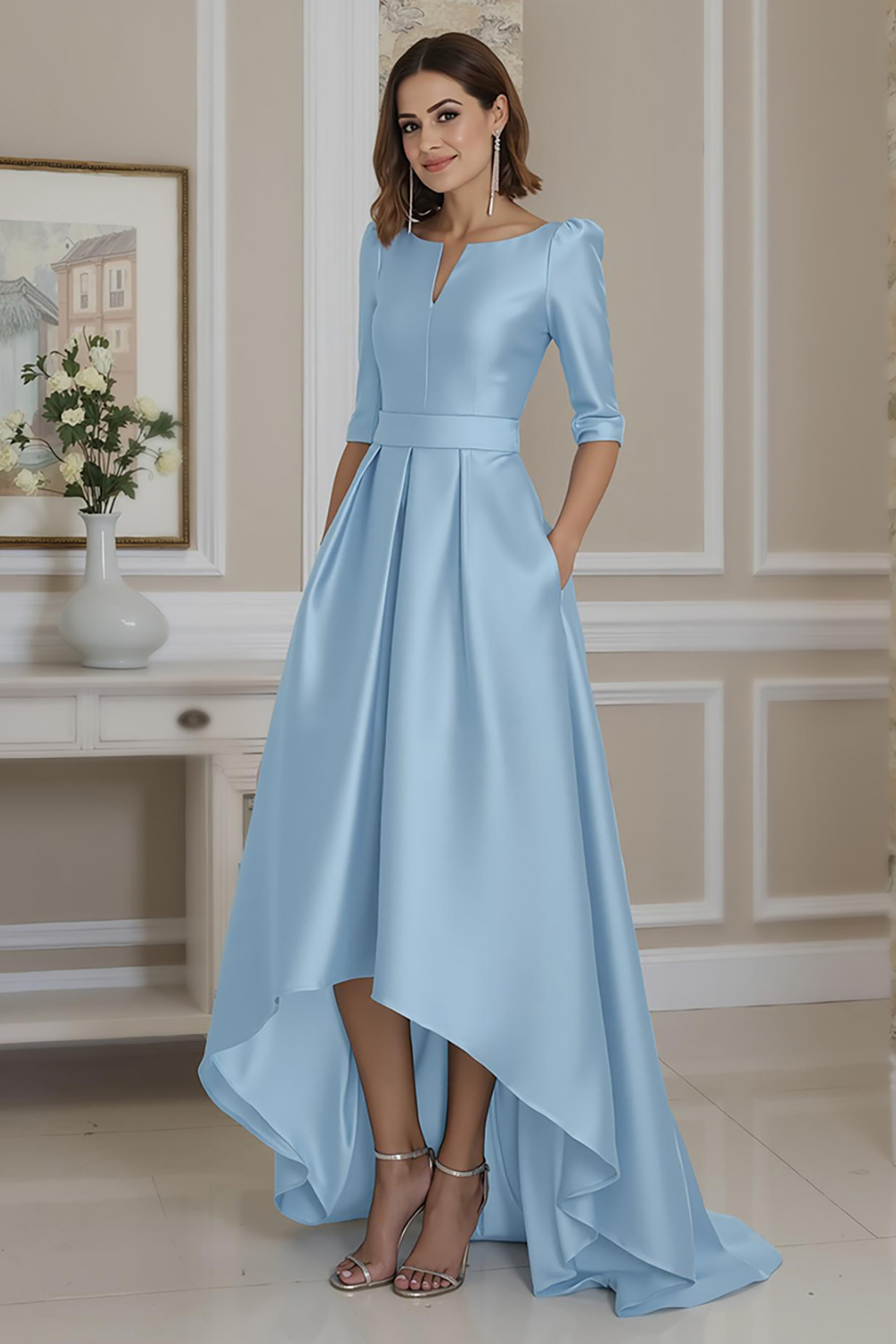 Light Blue Satin A-Line High-Low Mother of the Bride Dress with Sleeves