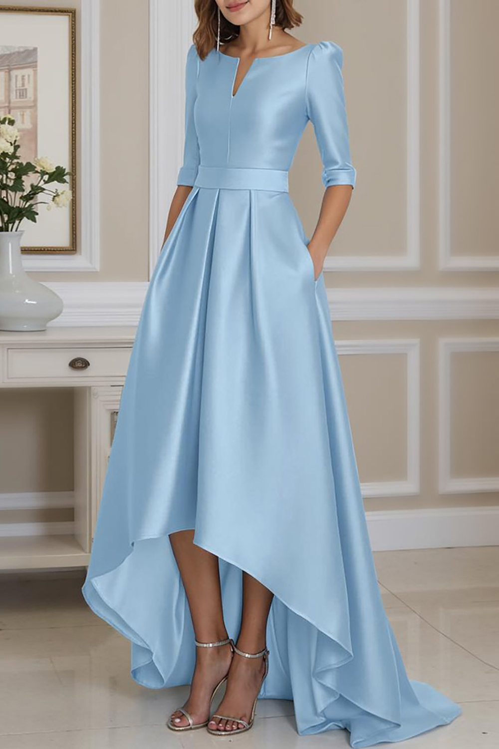 Light Blue Satin A-Line High-Low Mother of the Bride Dress with Sleeves
