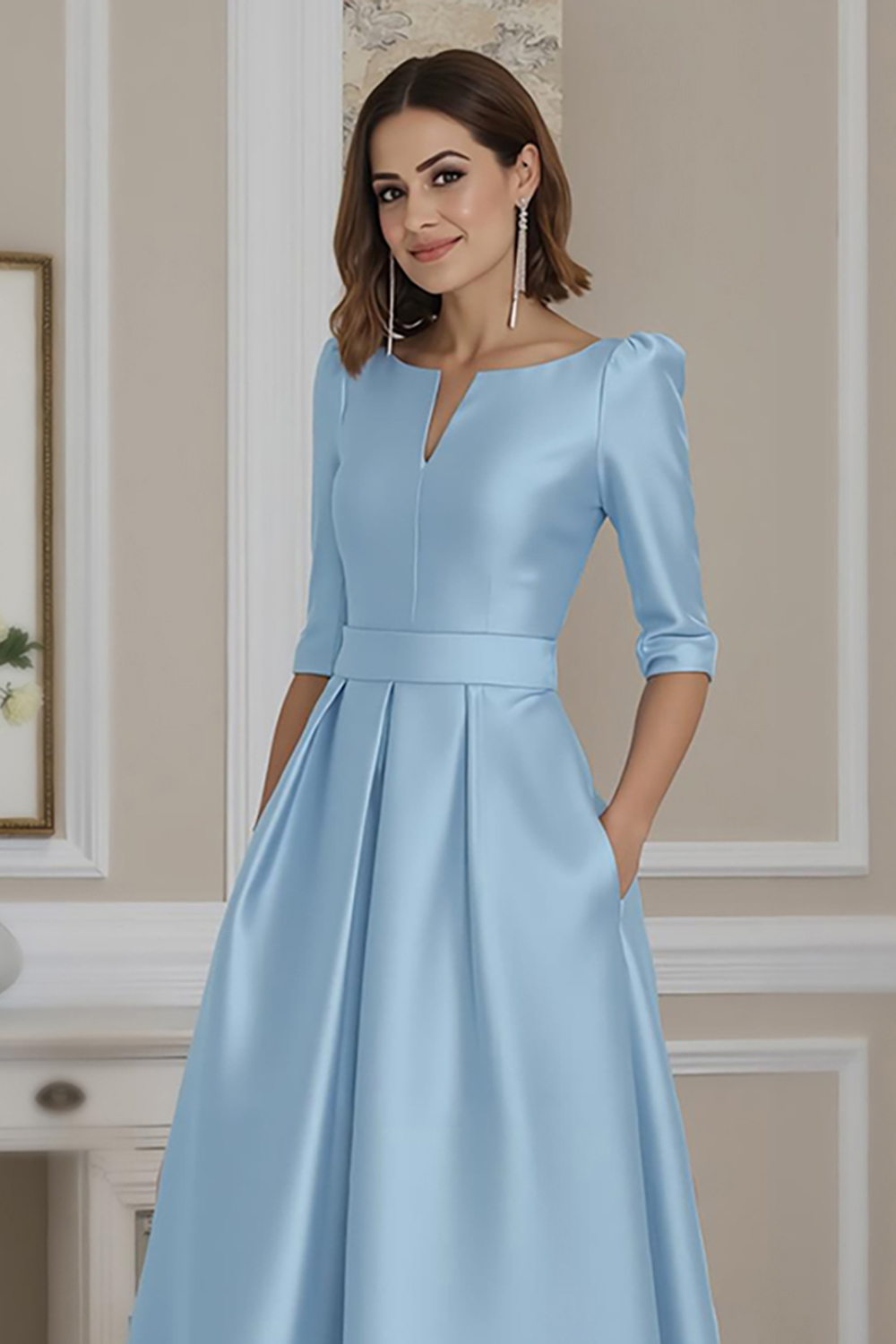 Light Blue Satin A-Line High-Low Mother of the Bride Dress with Sleeves
