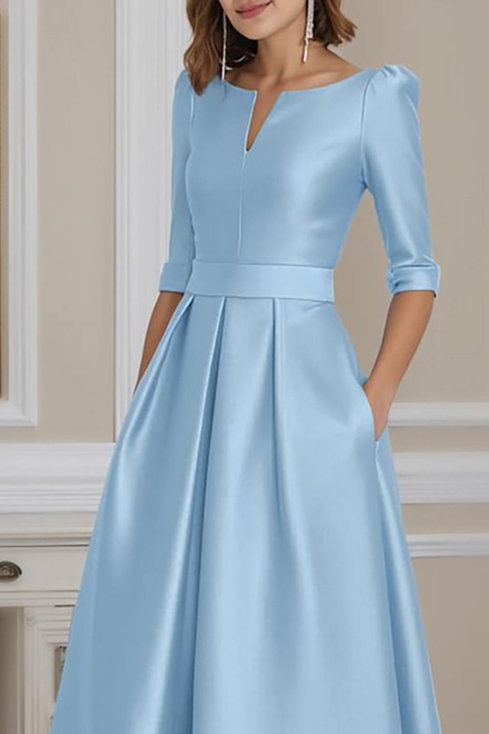 Light Blue Satin A-Line High-Low Mother of the Bride Dress with Sleeves