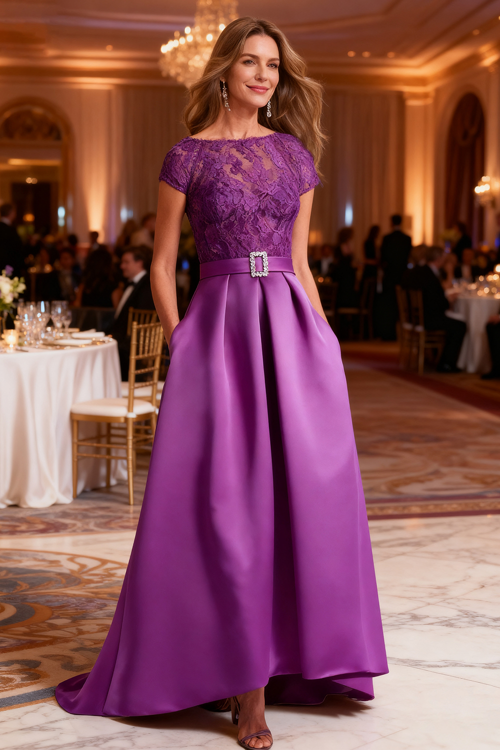 Fuchsia Satin Boat Neck Floor-Length Mother Of The Bride Dress with Belt