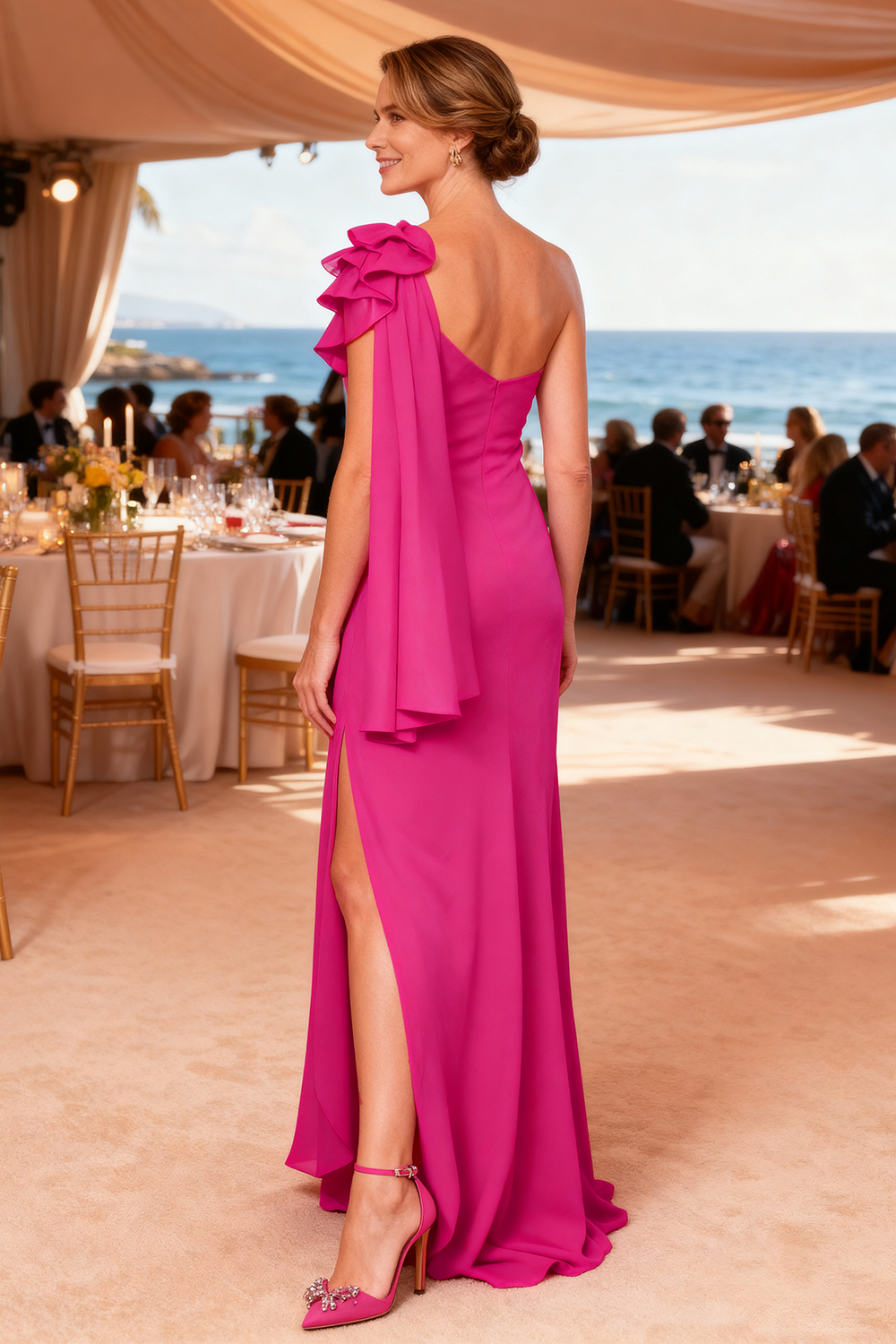 Hot Pink Chiffon One Shoulder Floor-Length Mother Of The Bride Dress with Ruffles