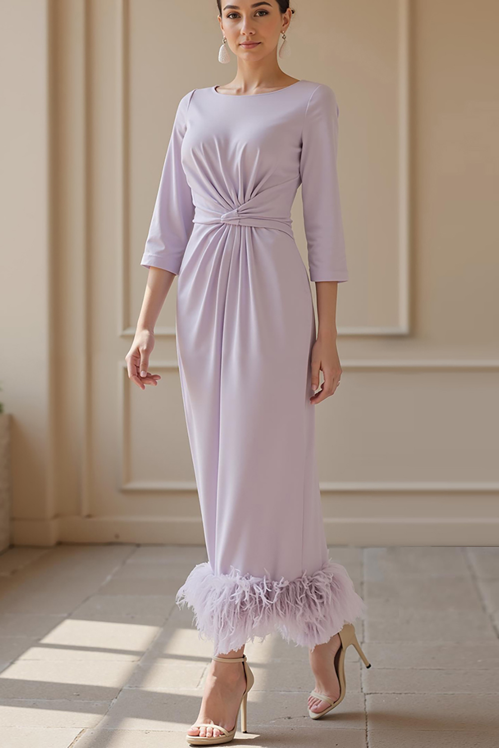 Lilac Satin Sheath Ankle-Length Mother of the Bride Dress with Feathers
