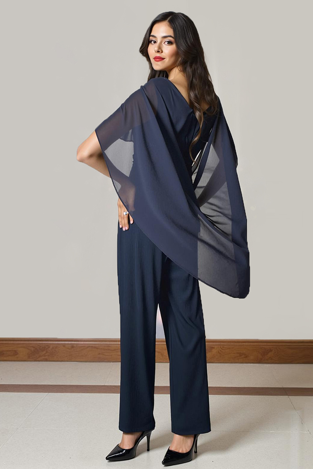 Navy Chiffon Boat Neck 2-Piece Mother Of The Bride Pant Suits with Sleeves