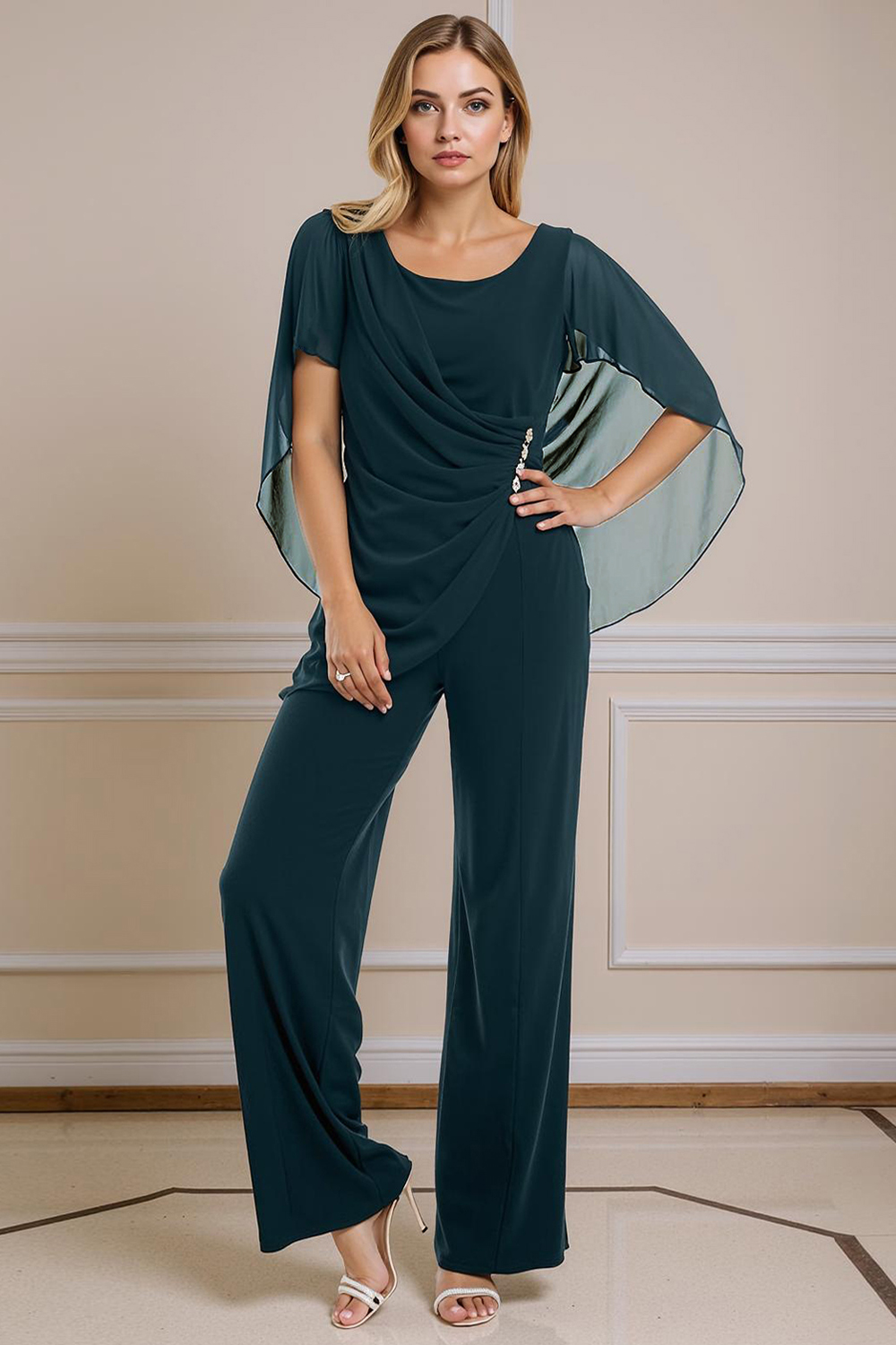 Navy Chiffon Boat Neck 2-Piece Mother Of The Bride Pant Suits with Sleeves