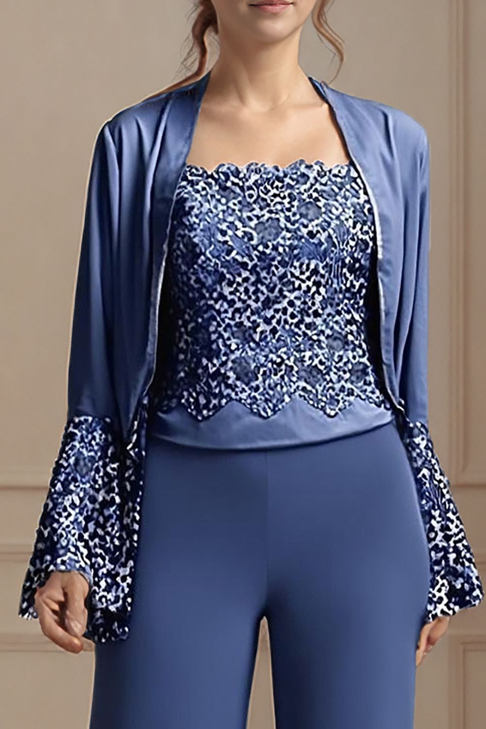 Sparkly Navy Bateau Neck Chiffon 3-Piece Mother of the Bride Pant Suits with Jacket