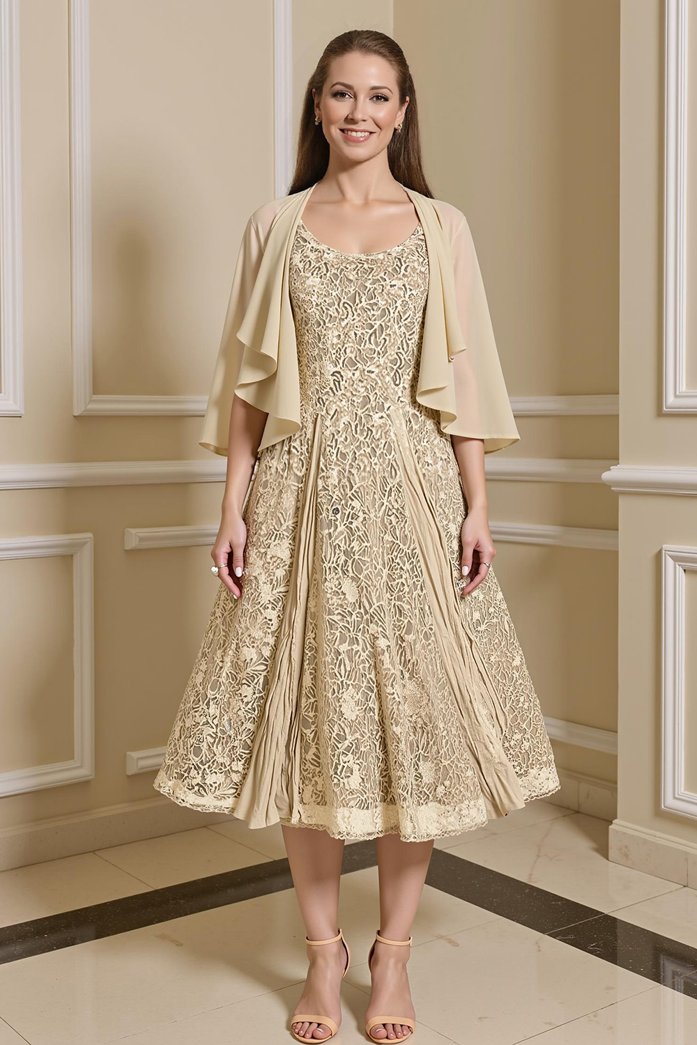 Champagne Lace A-Line Tea-Length 2-Piece Mother of the Bride Dress with Jacket