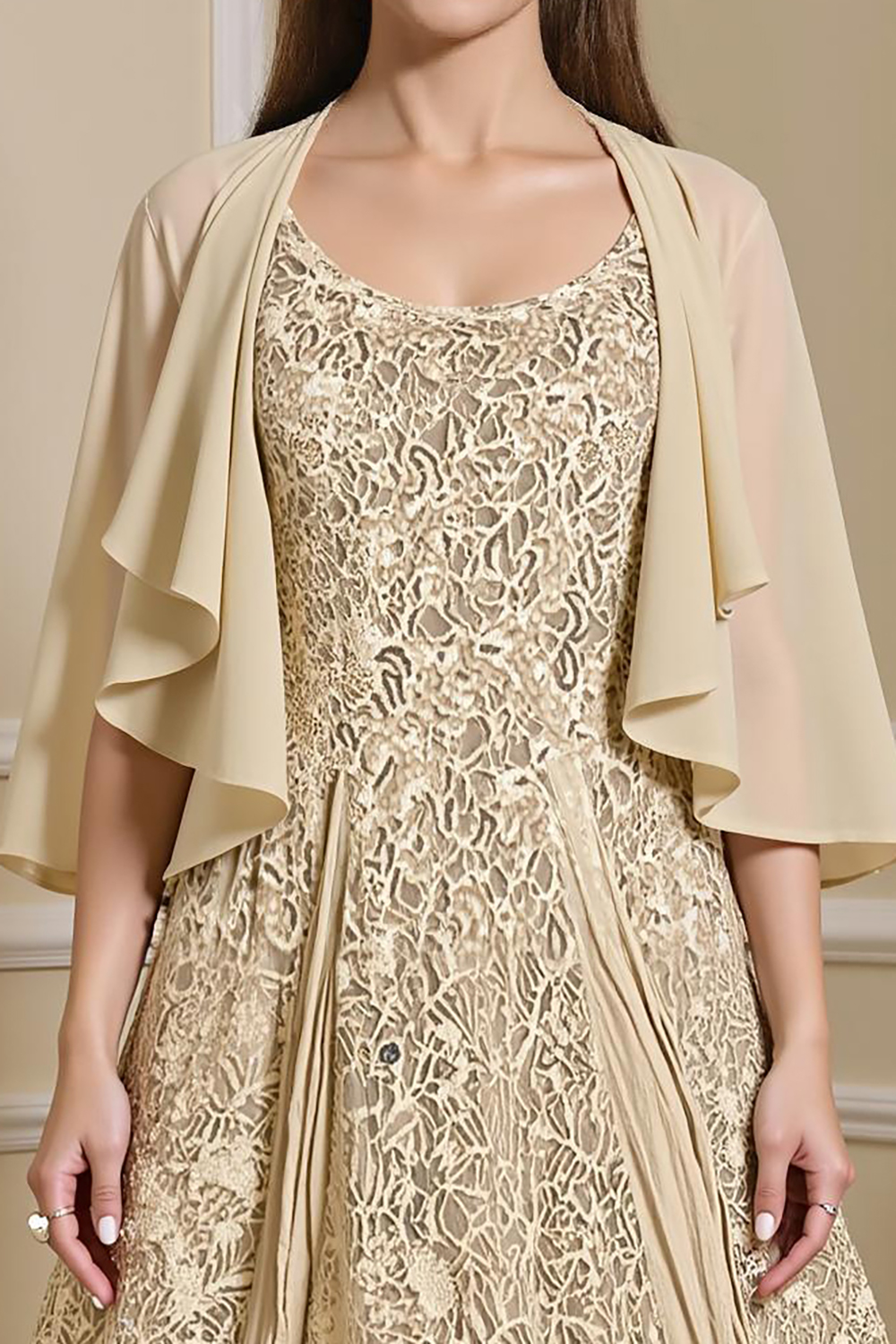 Champagne Lace A-Line Tea-Length 2-Piece Mother of the Bride Dress with Jacket