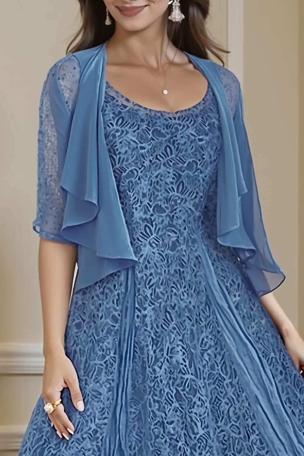 Champagne Lace A-Line Tea-Length 2-Piece Mother of the Bride Dress with Jacket