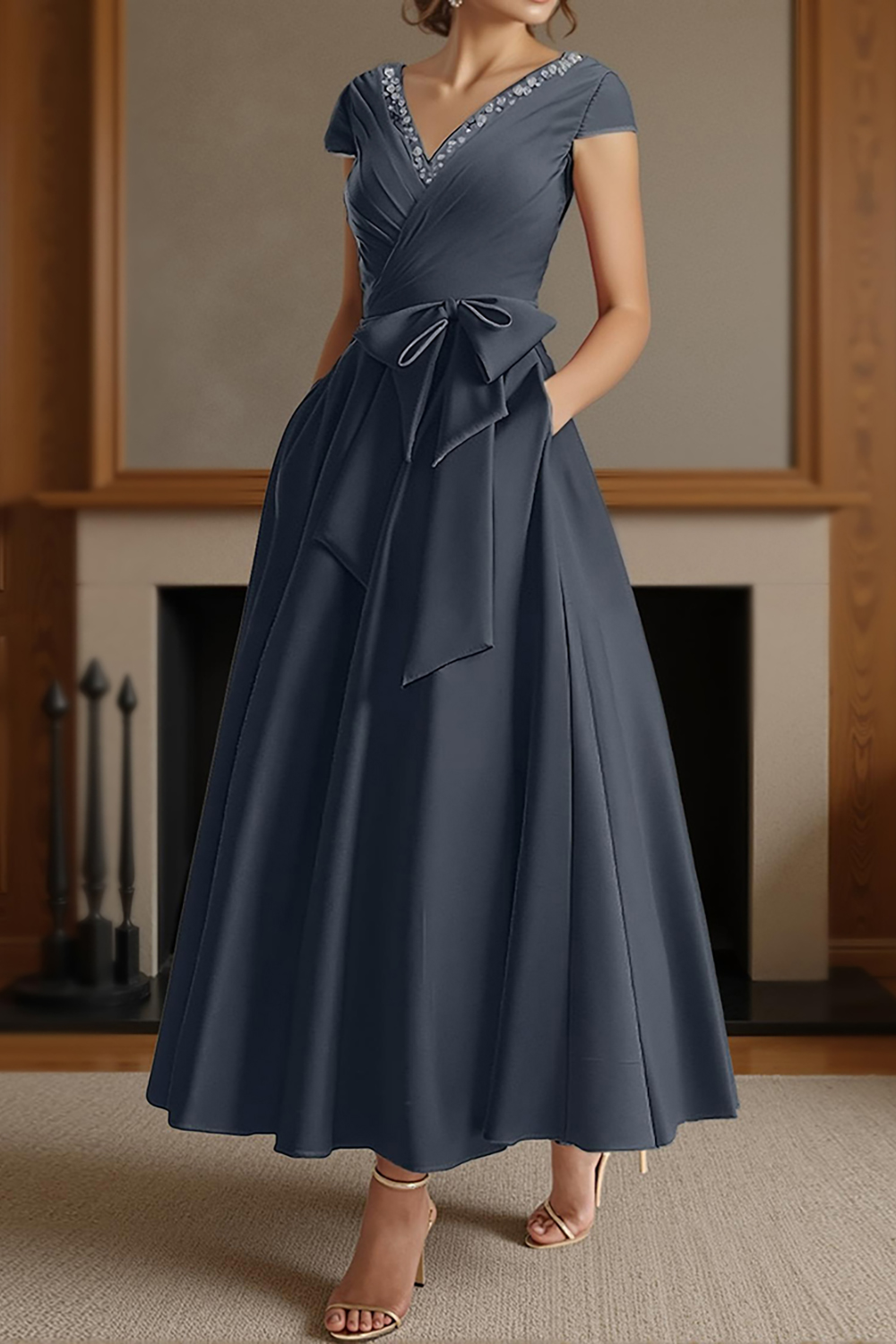 Dusty Sage A-Line Satin Ankle-Length Mother of the Bride Dress with Bow