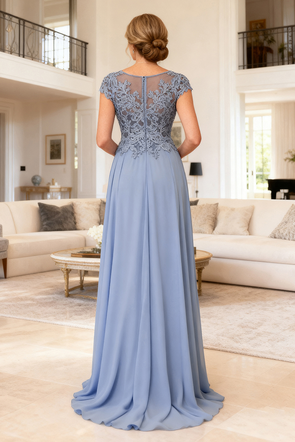Dusty Blue Chiffon Round Neck Floor-Length Mother Of The Bride Dress with Lace