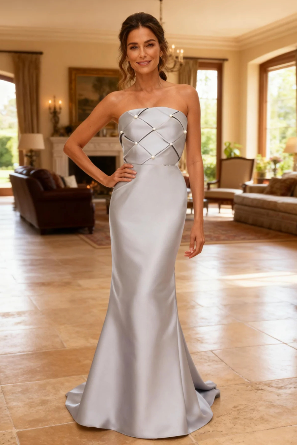 Grey Satin Mermaid Floor-Length 2-Piece Mother Of The Bride Dress with Belt